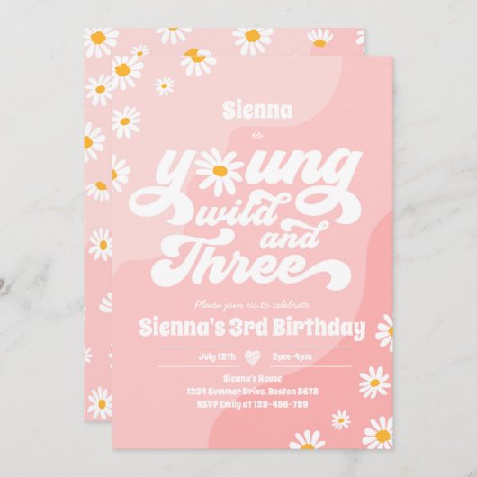 Invitation Young Wild Et Trois Anniversaire Fête Boho Daisy (Devant / Derrière)