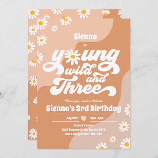 Invitation Young Wild Et Trois Anniversaire Fête Boho Daisy (Devant / Derrière)