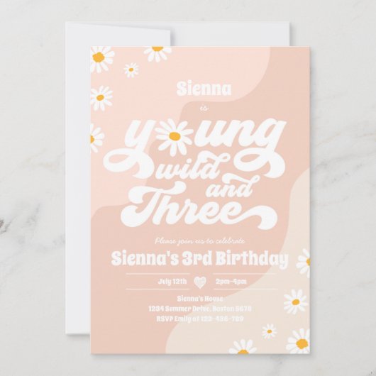 Invitation Young Wild Et Trois Anniversaire Fête Boho Daisy (Devant)