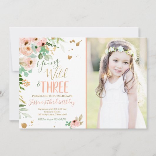 Invitation Young Wild et trois Anniversaire Floral Rose Gold (Devant)
