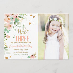 Invitation Young Wild et trois Anniversaire Floral Rose Gold