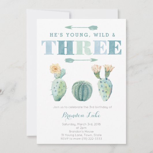 Invitation Young Wild et TROIS Cactus 3e fête d'anniversaire (Devant)
