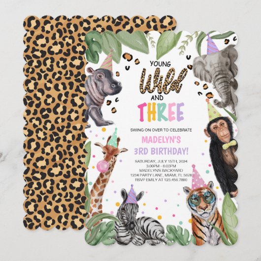 Invitation Young Wild et TROIS Safari 3e anniversaire (Devant / Derrière)