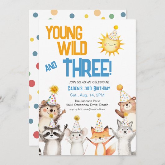 Invitation Young Wild Forest Animals Party Hats 3rd Birthday (Devant / Derrière)