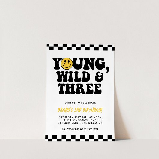Invitation Young, Wild & Three, 3e anniversaire Smiley Face B