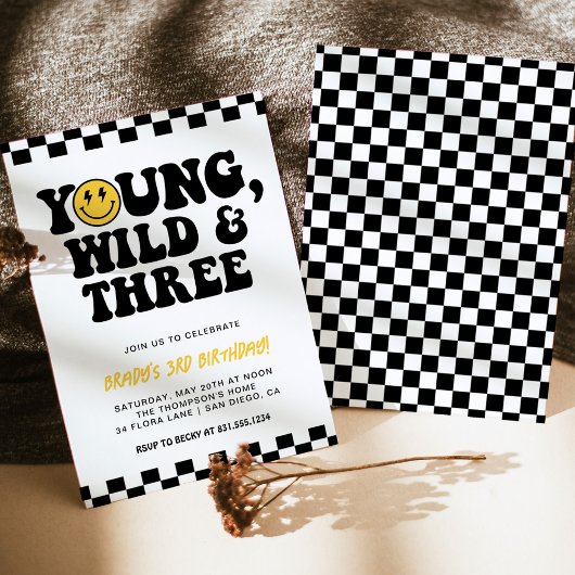 Invitation Young, Wild & Three, 3e anniversaire Smiley Face B
