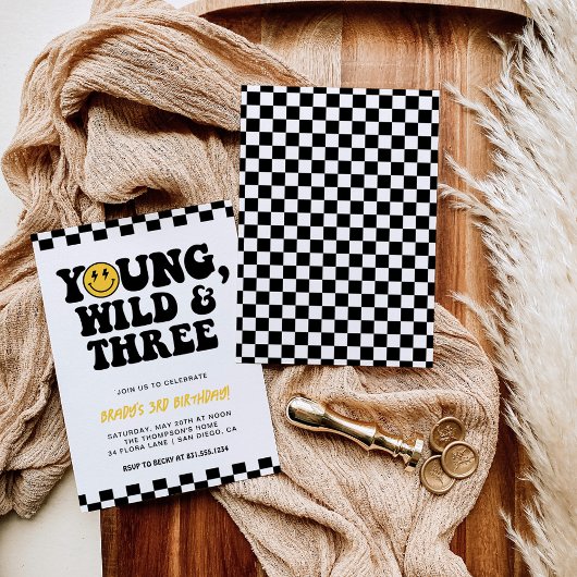 Invitation Young, Wild & Three, 3e anniversaire Smiley Face B