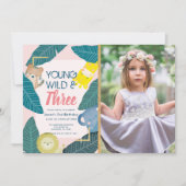 Invitation Young Wild & Three Animal Girl Photo Anniversaire (Devant)