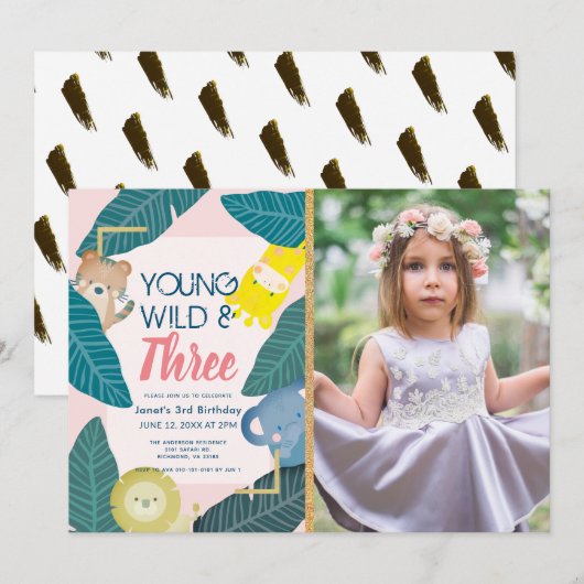 Invitation Young Wild & Three Animal Girl Photo Anniversaire (Devant / Derrière)