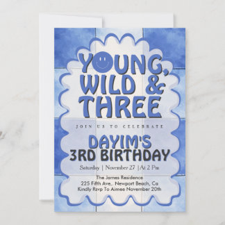 Invitation Young Wild & Three Blue Retro Boy 3rd Birthday