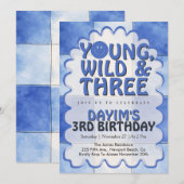 Invitation Young Wild & Three Blue Retro Boy 3rd Birthday  (Devant / Derrière)