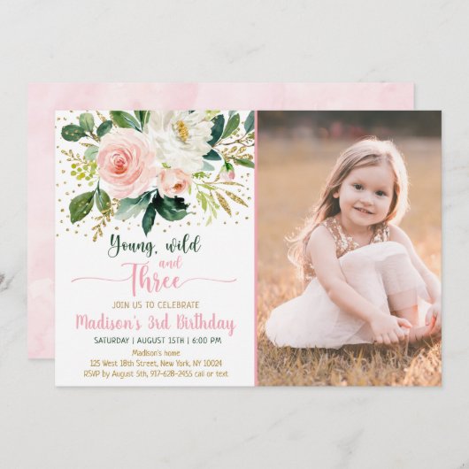 Invitation Young Wild & Three Boho Floral Rose Gold Anniversa (Devant / Derrière)