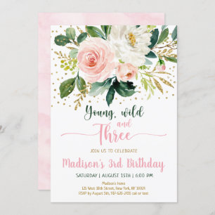 Invitation Young Wild & Three Boho Floral Rose Gold Anniversa