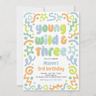 Invitation Young Wild & Three Confetti Balloon 3rd Birthday 
