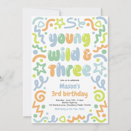 Invitation Young Wild & Three Confetti Balloon 3rd Birthday (Devant)