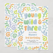 Invitation Young Wild & Three Confetti Balloon 3rd Birthday (Devant / Derrière)