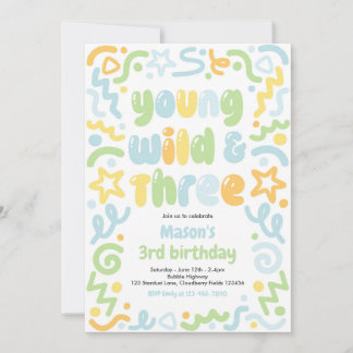 Invitation Young Wild & Three Confetti Balloon 3rd Birthday 