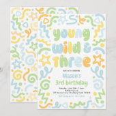 Invitation Young Wild & Three Confetti Balloon 3rd Birthday  (Devant / Derrière)