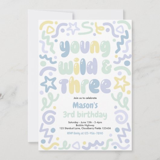 Invitation Young Wild & Three Confetti Balloon 3rd Birthday  (Devant)