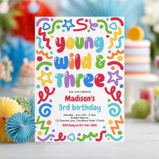 Invitation Young Wild & Three Confetti Balloon 3rd Birthday 