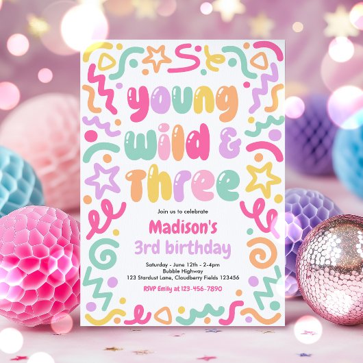 Invitation Young Wild & Three Confetti Balloon 3rd Birthday 