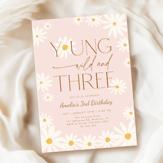 Invitation Young Wild Three Daisy Floral 3rd Birthday
