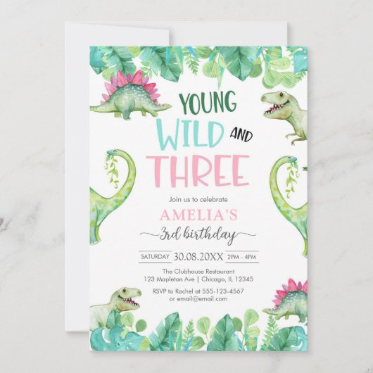 Invitation Young WIld & Three Dinosaur 3rd Birthday (Devant)