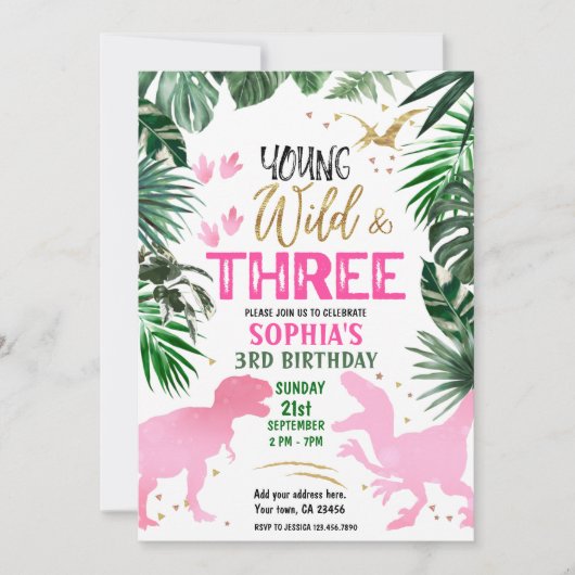 Invitation Young Wild & Three Dinosaur rose Anniversaire (Devant)