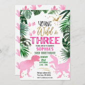 Invitation Young Wild & Three Dinosaur rose Anniversaire (Devant / Derrière)