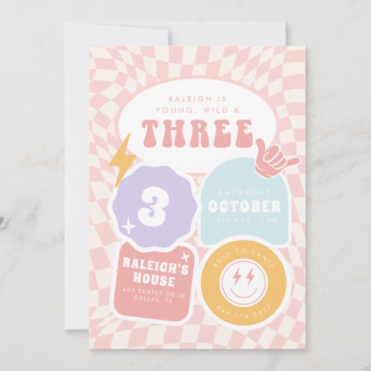 Invitation Young Wild & Three | Filles 3e anniversaire rétro (Devant)