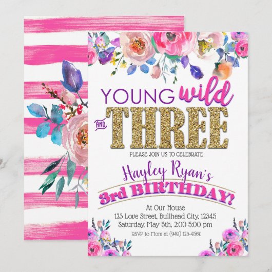 Invitation Young Wild & Three Girls Boho Floral 3e anniversai (Devant / Derrière)
