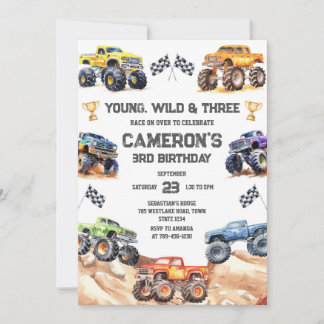 Invitation Young, Wild & Three Monster Truck Boy 3rd Birthday