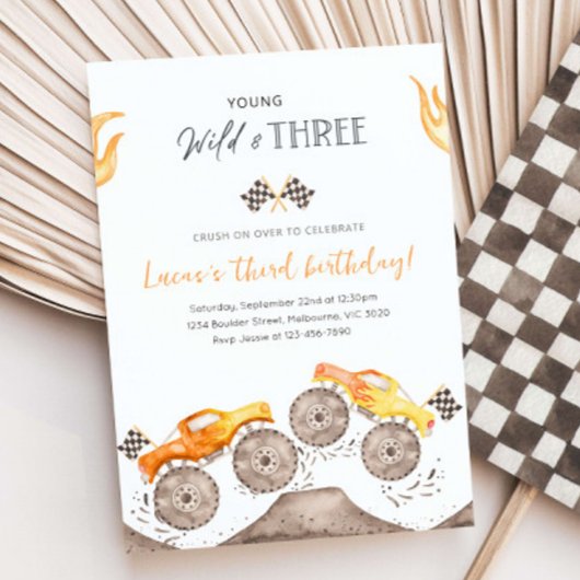 Invitation Young, Wild & THREE Orange Monster Truck 3e annive