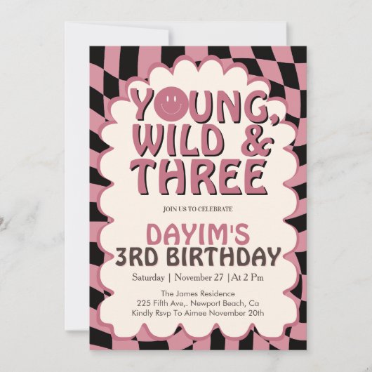 Invitation Young Wild & Three Pink Retro Girl 3rd Birthday (Devant)
