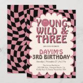 Invitation Young Wild & Three Pink Retro Girl 3rd Birthday (Devant / Derrière)