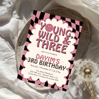 Invitation Young Wild & Three Pink Retro Girl 3rd Birthday