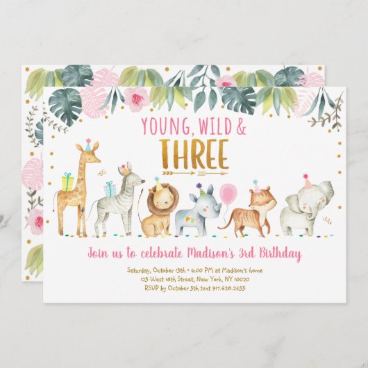Invitation Young Wild & Three Pink Safari Anniversaire (Devant / Derrière)