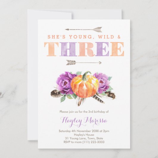 Invitation Young Wild Three Purple Citrouille 3e fête d'anniv (Devant)