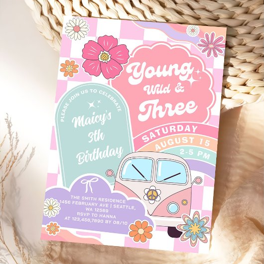 Invitation Young wild & Three Rainbow Car Daisy Birthday