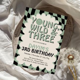 Invitation Young Wild & Three Retro 3rd Birthday Party