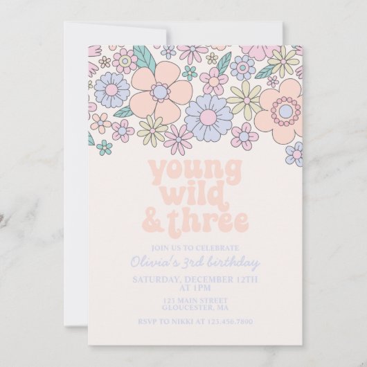 Invitation Young Wild Three Retro Floral 3e anniversaire (Devant)