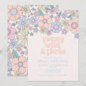 Invitation Young Wild Three Retro Floral 3e anniversaire (Devant / Derrière)