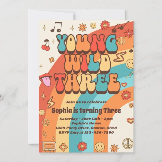 Invitation Young Wild Three Retro Rainbow 3e anniversaire (Devant)