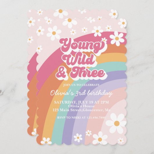 Invitation Young Wild Three Retro Rainbow 3e anniversaire (Devant / Derrière)