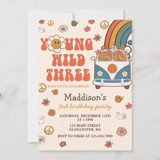 Invitation Young Wild Three Retro Rainbow 3e anniversaire (Devant)