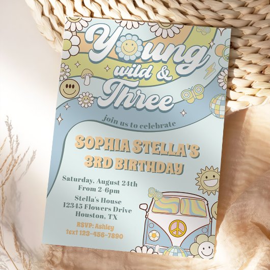 Invitation Young Wild Three Retro Rainbow 3e anniversaire