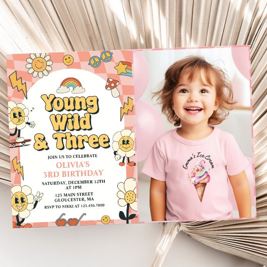 Invitation Young Wild Three Retro Van Pink 3e anniversaire