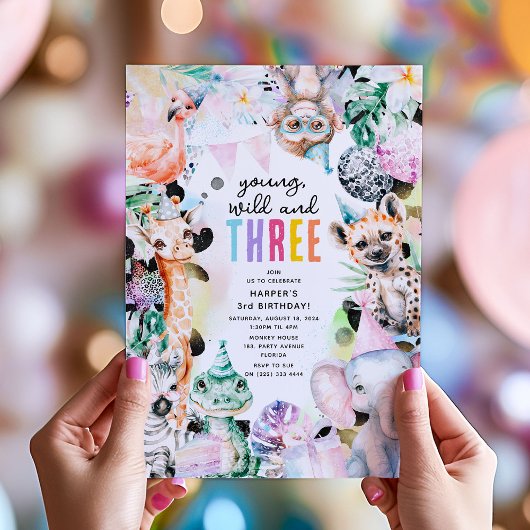 Invitation Young Wild & Three Safari Animaux 3e anniversaire