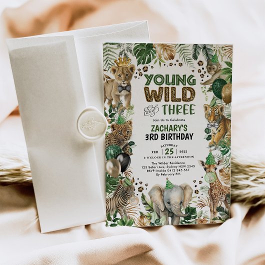 Invitation Young Wild & Three Safari Animaux Garçon 3e annive