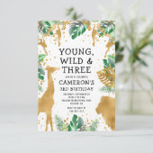 Invitation Young Wild Three Safari Gold Green 3e anniversaire (Debout devant)